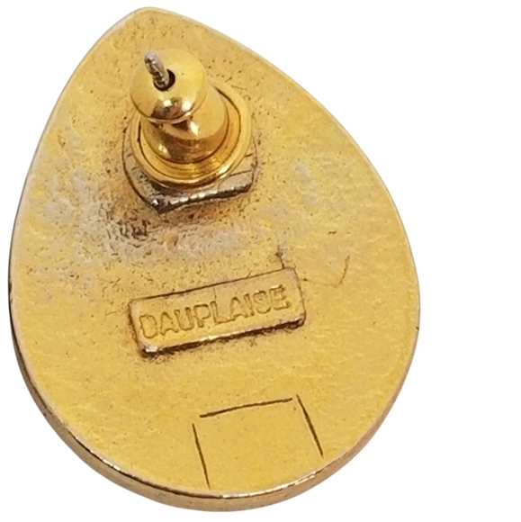 CAROL DAUPLAISE 1980s GOLDTONE & BLACK JEWEL TEARDROP DESIGN EARRINGS - Picture 5 of 5